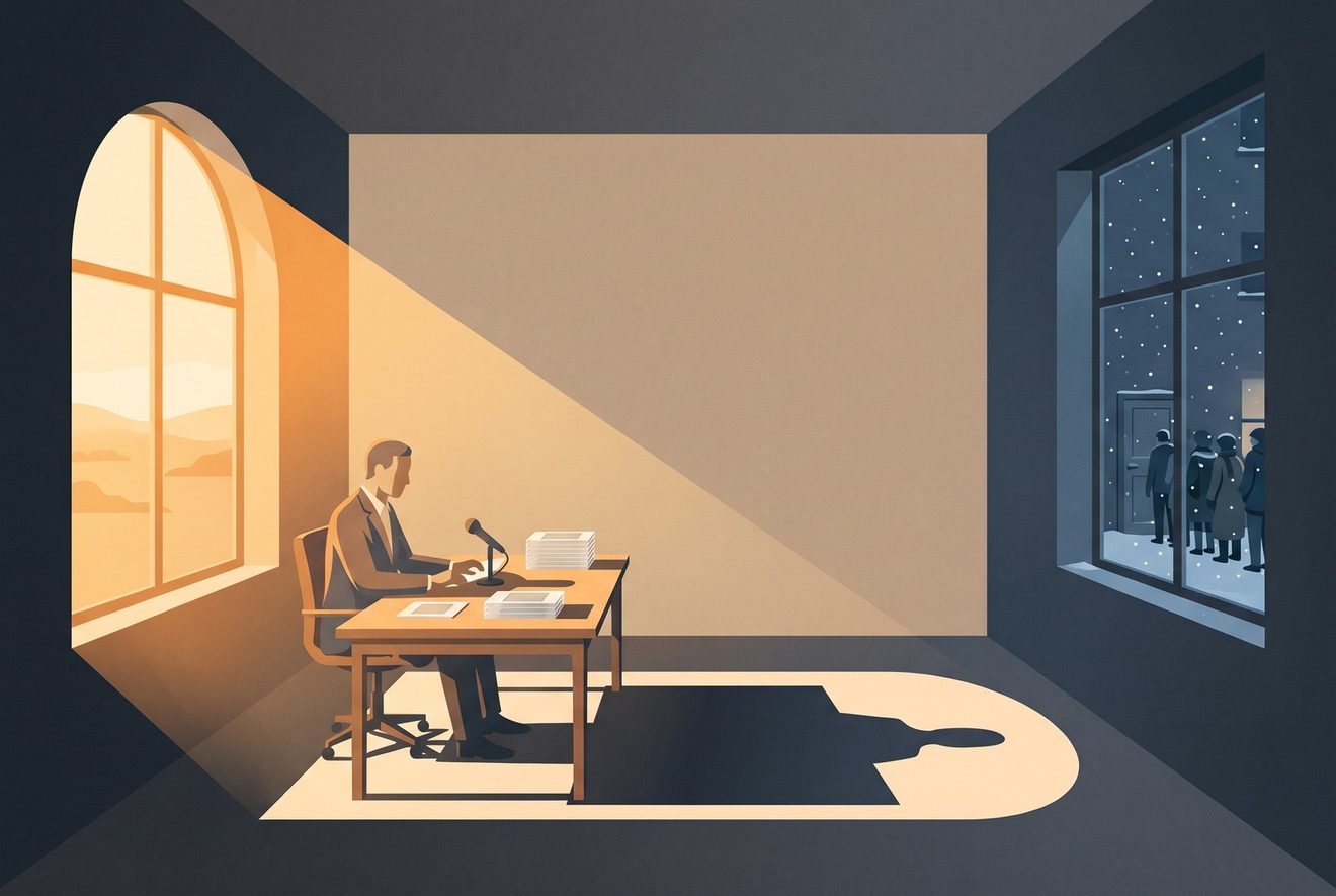 A one-room office with a window on each side: at the summer window a professional works quietly at a desk of slides and a microphone in long warm afternoon.