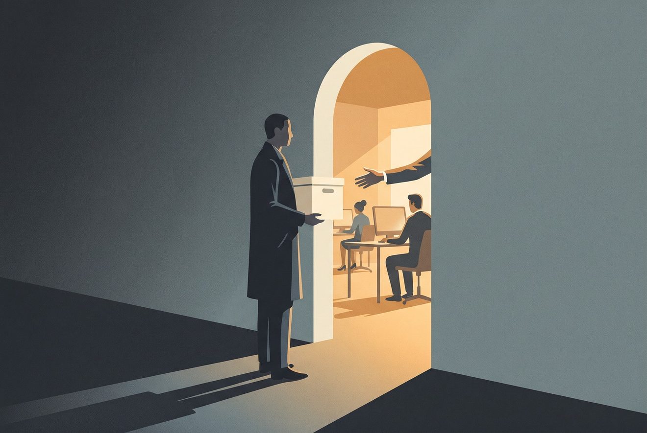 A professional stands in a doorway holding one plain object taken from their own working life.