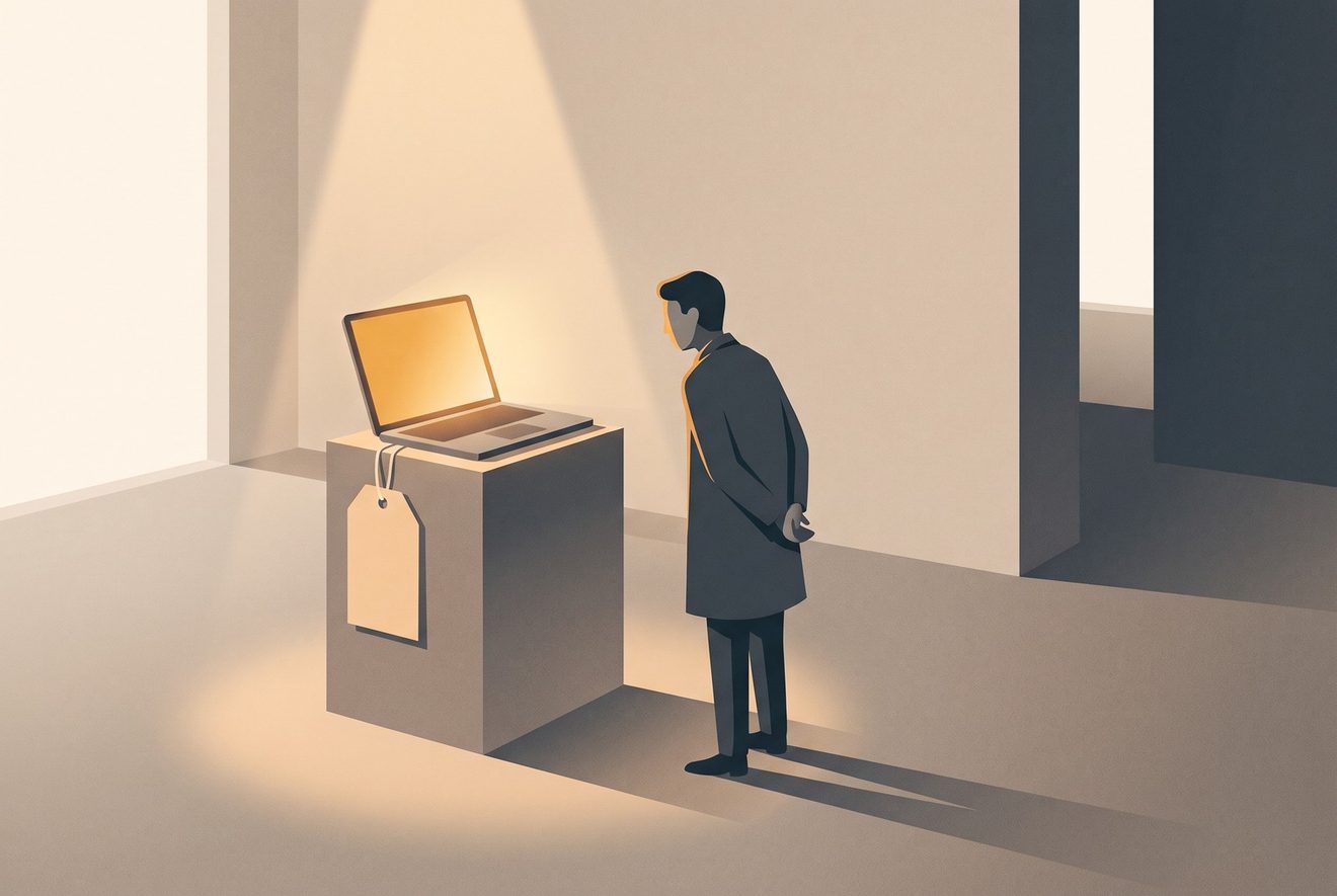 An open laptop on a pedestal in a warm gallery spotlight, a large blank price tag hanging from it; a professional stands considering it.