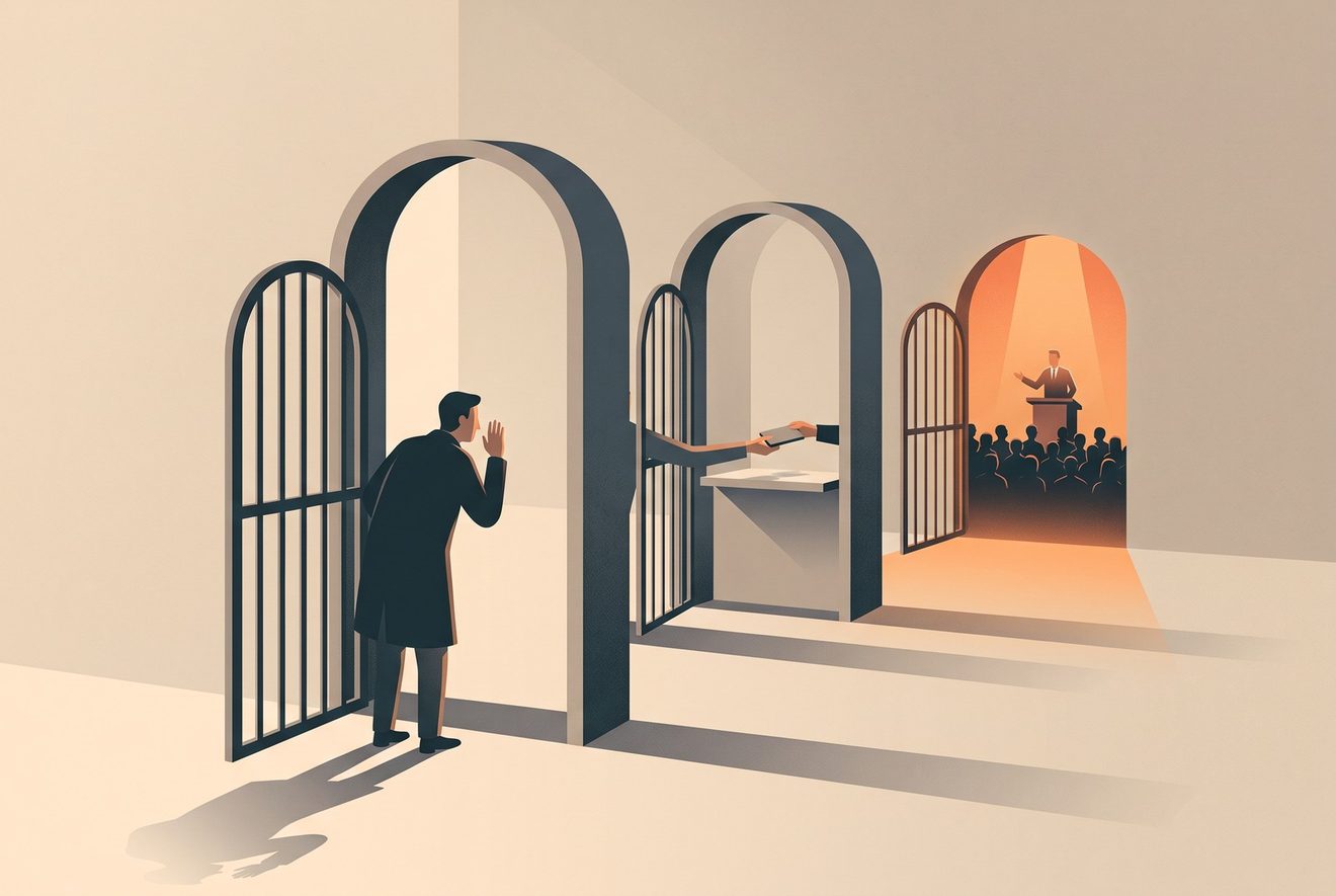 A queue moving through three gates into a hall: at the first a person stops mid-stride, caught by something.