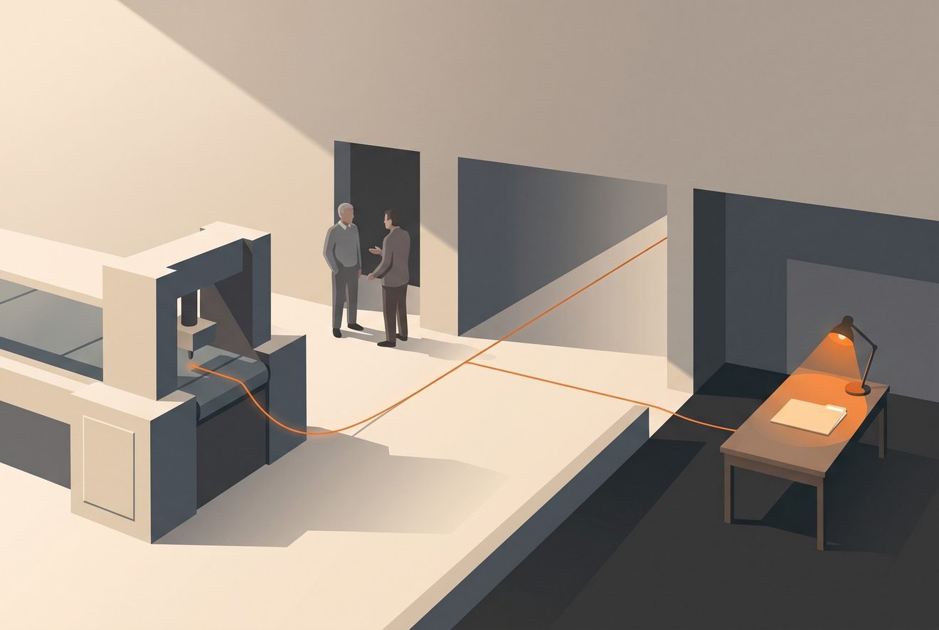 A large finished assembly stands sound and faultless in a lit hall, and a thin bright thread traces the fault backwards out of it: along a corridor.