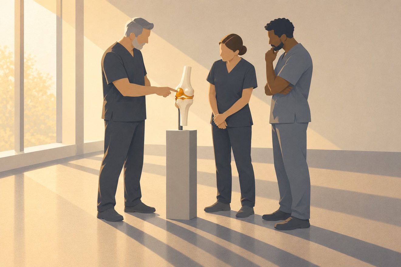 An experienced clinician demonstrates an anatomical knee model to two colleagues in a sunlit training room.