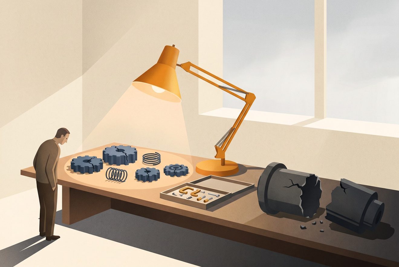 A workbench under a lamp with the parts of a stalled machine laid out in a row: most are cracked and an open repair kit with fresh clamps sits beside them.