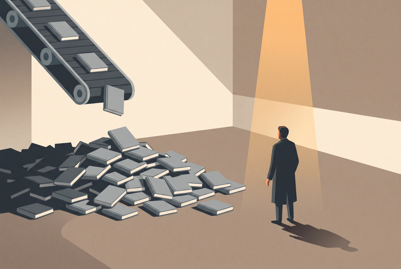 A conveyor belt tips a steady run of identical blank-covered books onto a large heap lying in shadow on the floor, while a single figure in a long coat stands well apart from it in a shaft of warm light, back to the viewer.