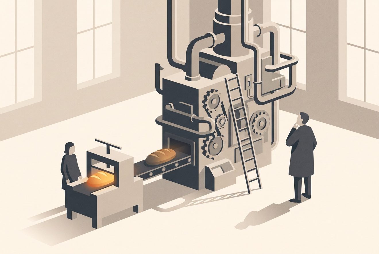 Two machines producing the same loaf of bread: a room-filling contraption of pipes, gears and ladders, and beside it a small clean press the size of a desk.