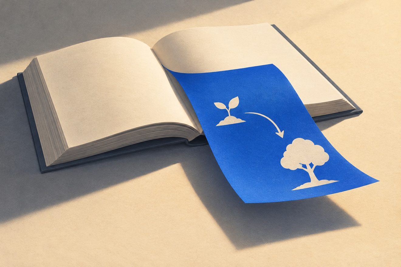 A single cobalt-blue illustrated page unfolds outward from an open course book.
