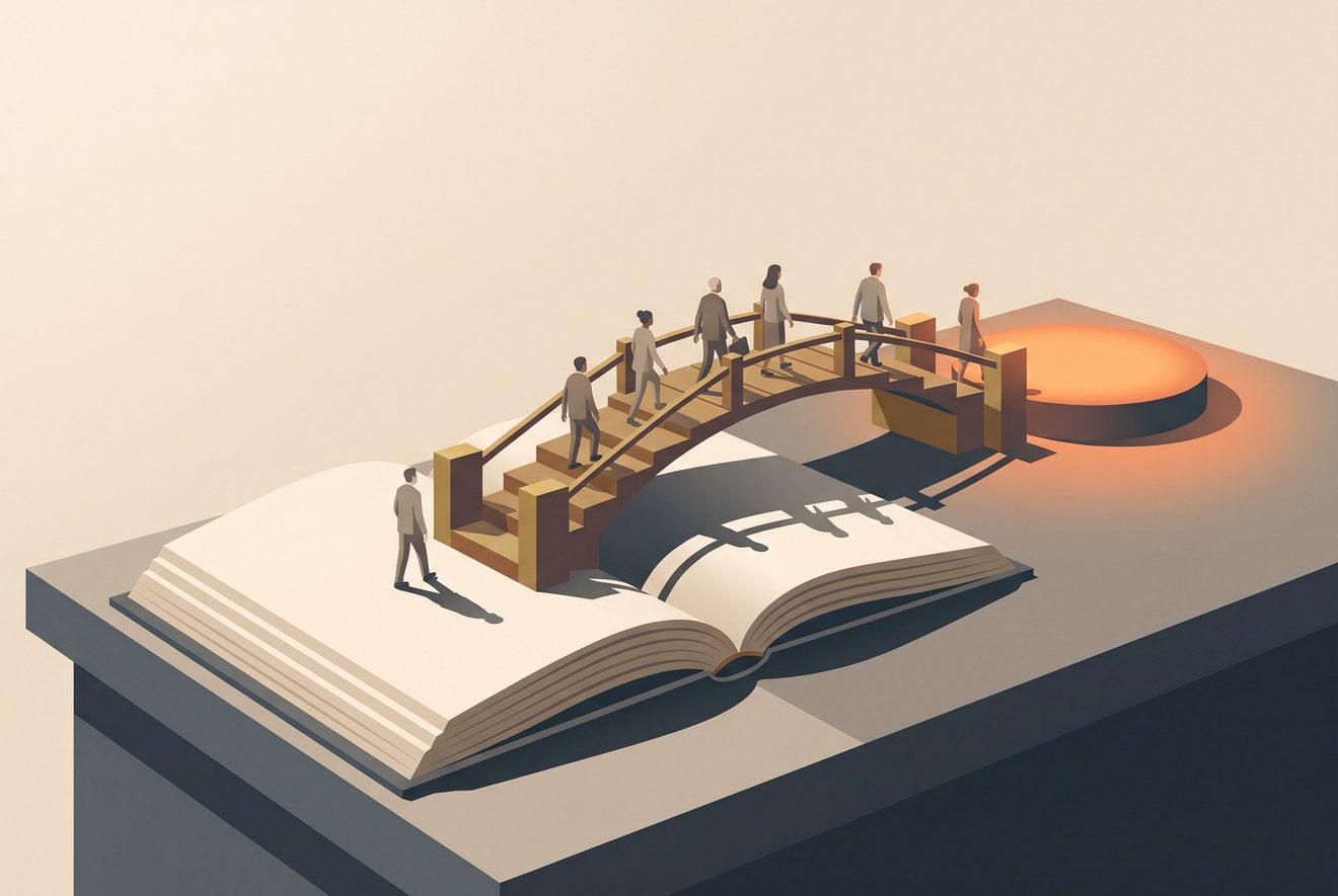 An open address book on a desk, and rising from its pages a short sturdy footbridge that leads a small group of figures directly onto a modest lit stage.