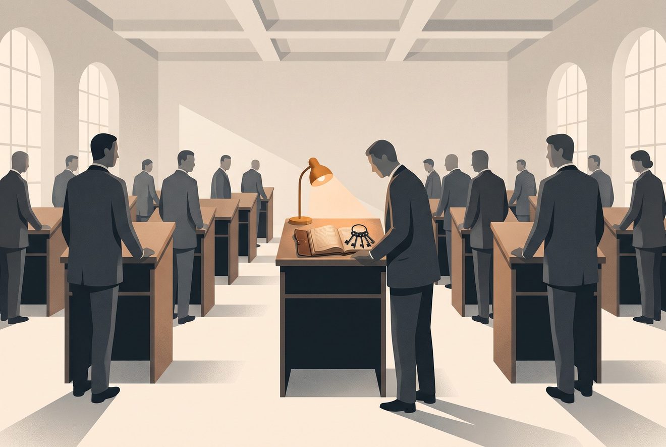 A hall of speakers standing behind identical empty lecterns, all talking.