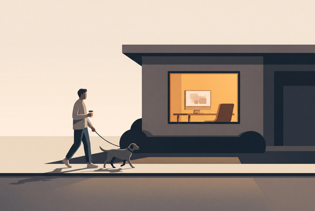 A professional walks their dog at dawn with a coffee, away from a house where one amber-lit window shows a desk, a working computer screen, and an empty chair.