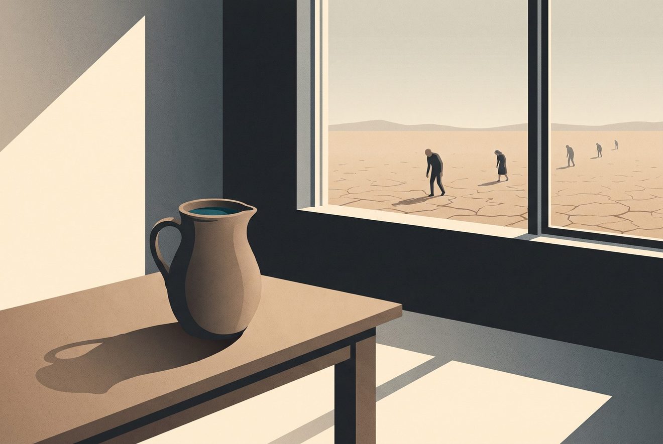 A plain water jug on a desk by a window, ordinary in the foreground.