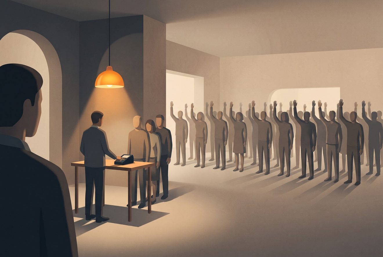 A staff room where nearly every hand in a full room is raised in agreement.