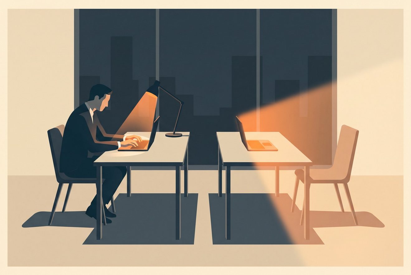 Two desks side by side at night: at one, a person hunches typing inside a narrow, tight cone of lamplight that covers only their hands.