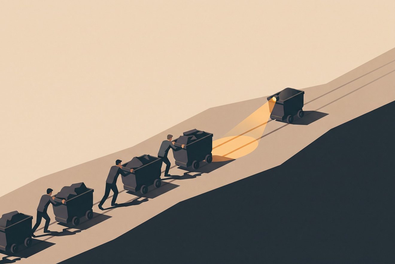 A relay of people pushing loaded carts up a long hill in the dark; one cart alone has a working headlamp and visibly pulls ahead on a lit lane.