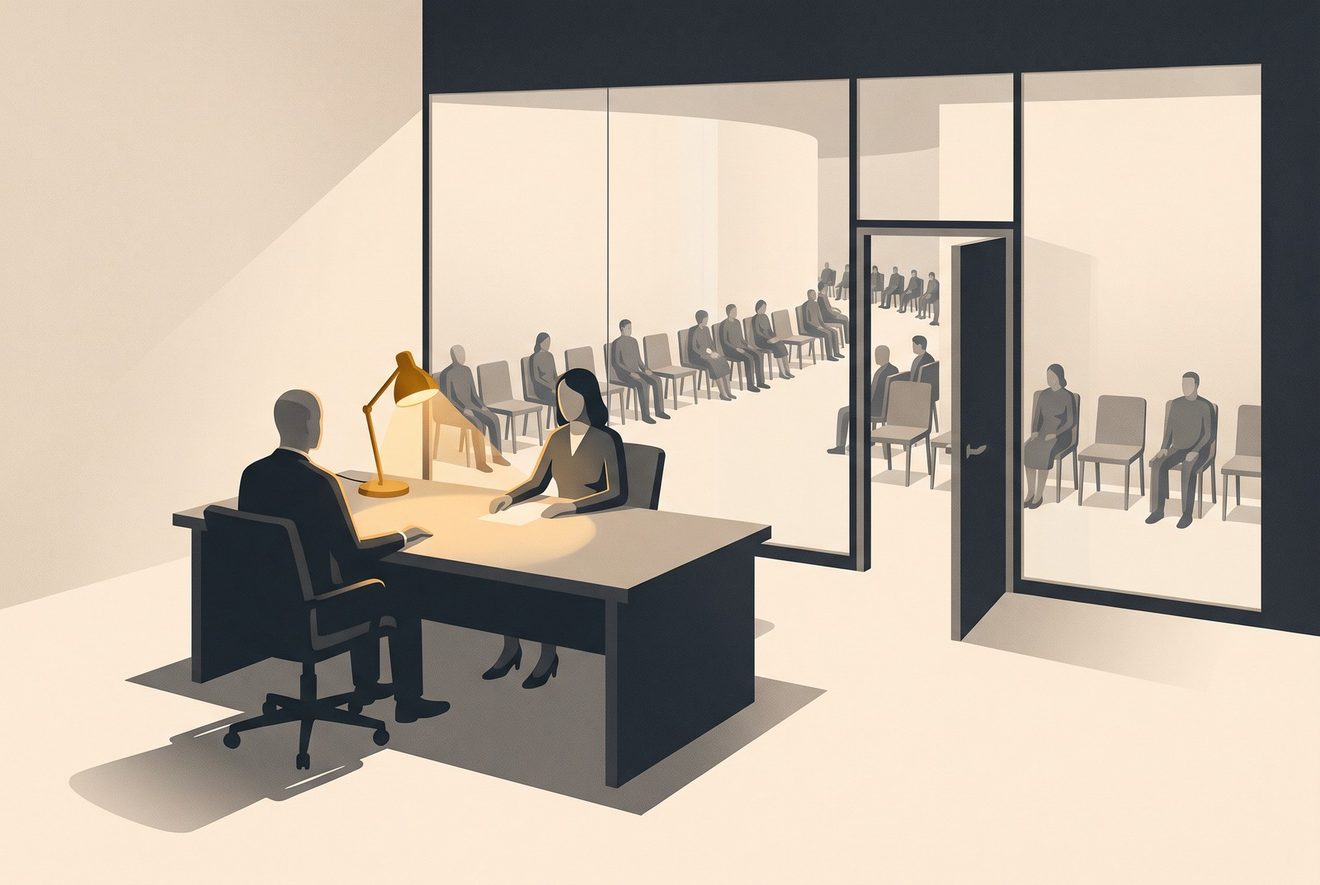A quiet advisory office with one client seated across the desk in a warm pool of lamplight.