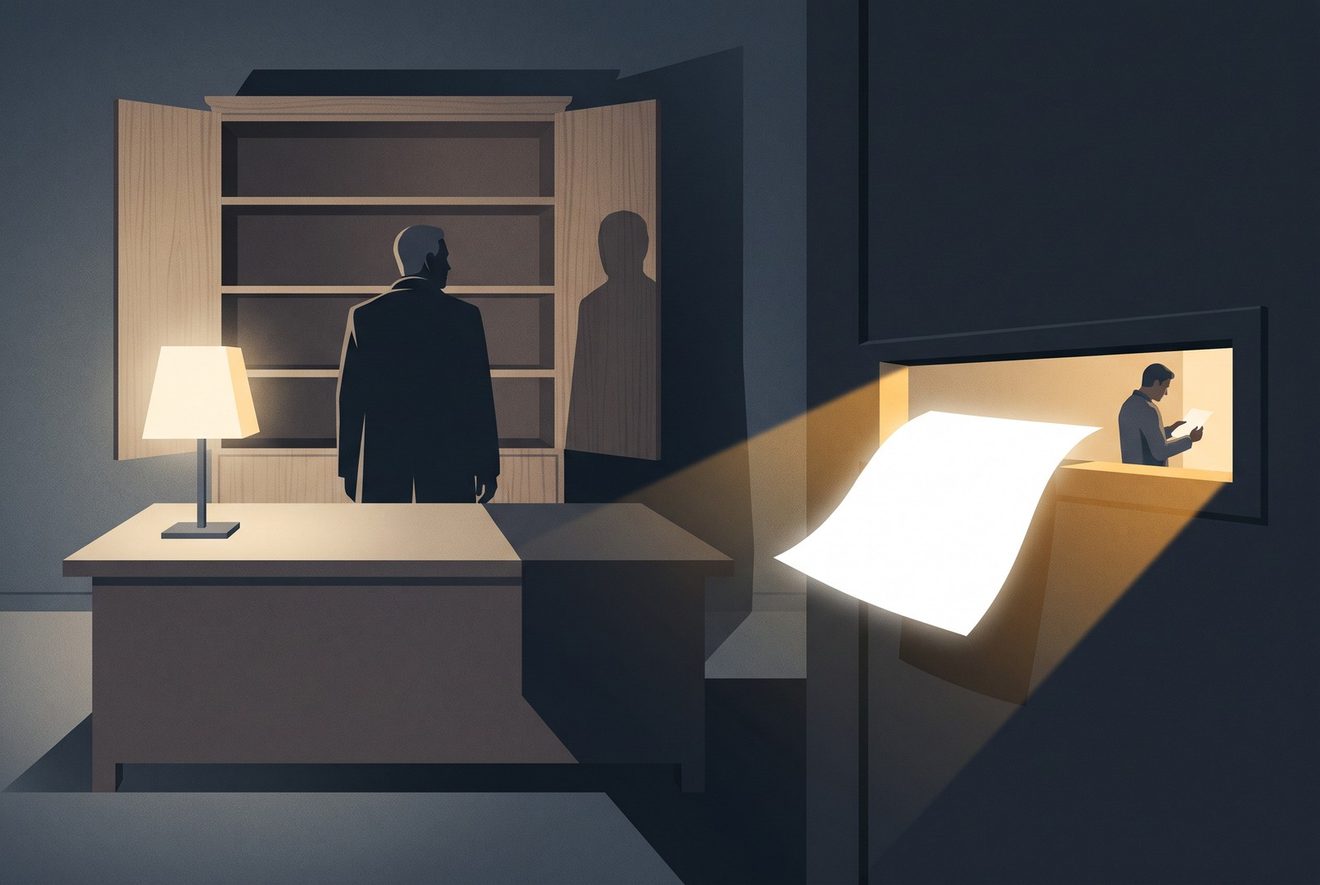 A lawyer's office at night: a single finished page is being pushed out through a slot in the door into a corridor where people are already picking it up and.