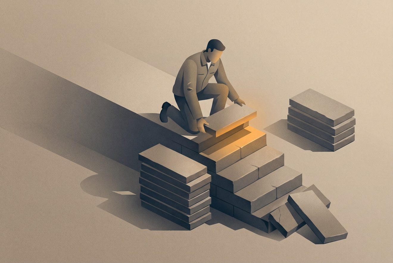 A flight of stone steps being built upward one tread at a time, each tread resting on the one below and a worker setting the next into place.