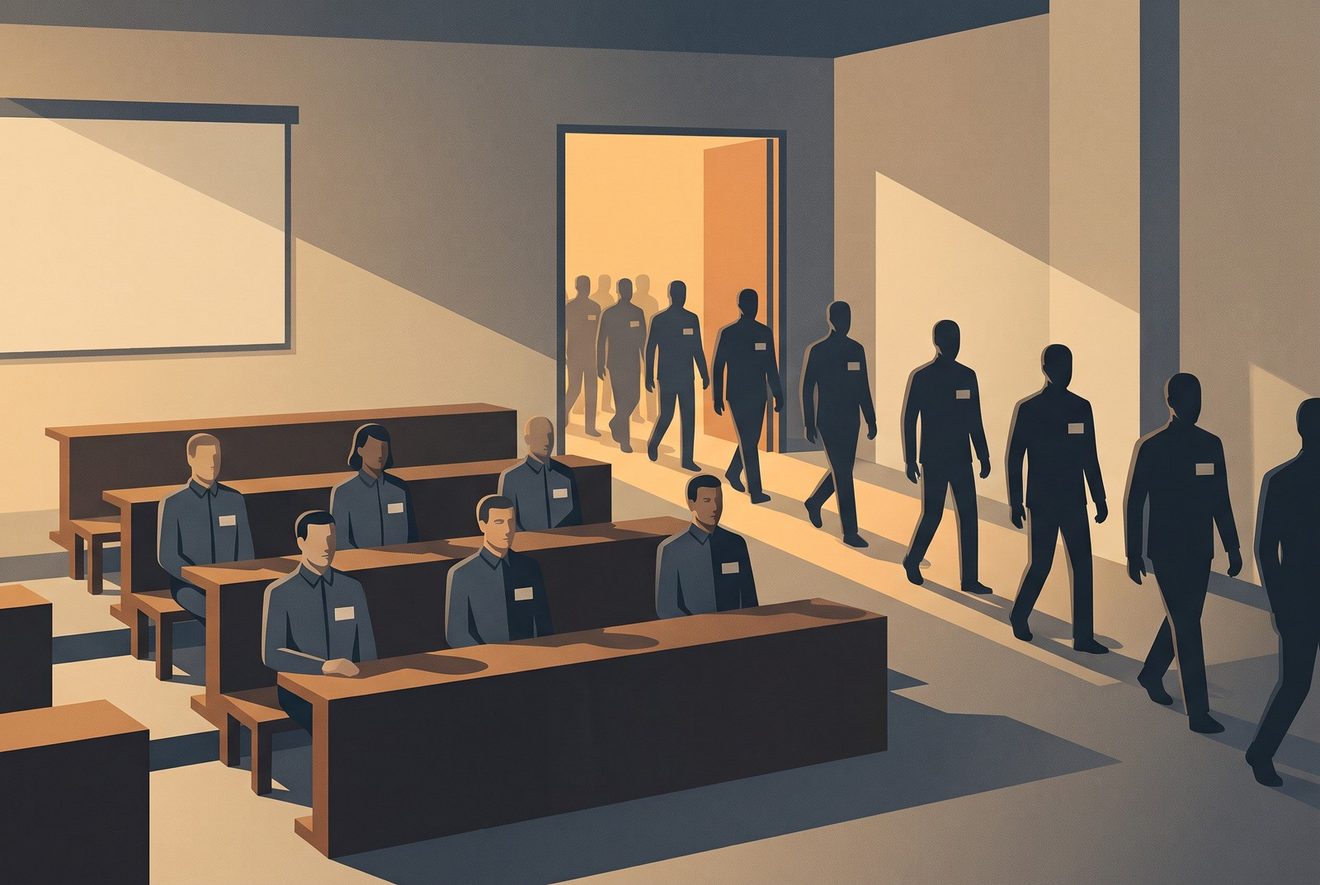 A teaching room whose front rows are filled with visibly new professionals, still in fresh uniform.