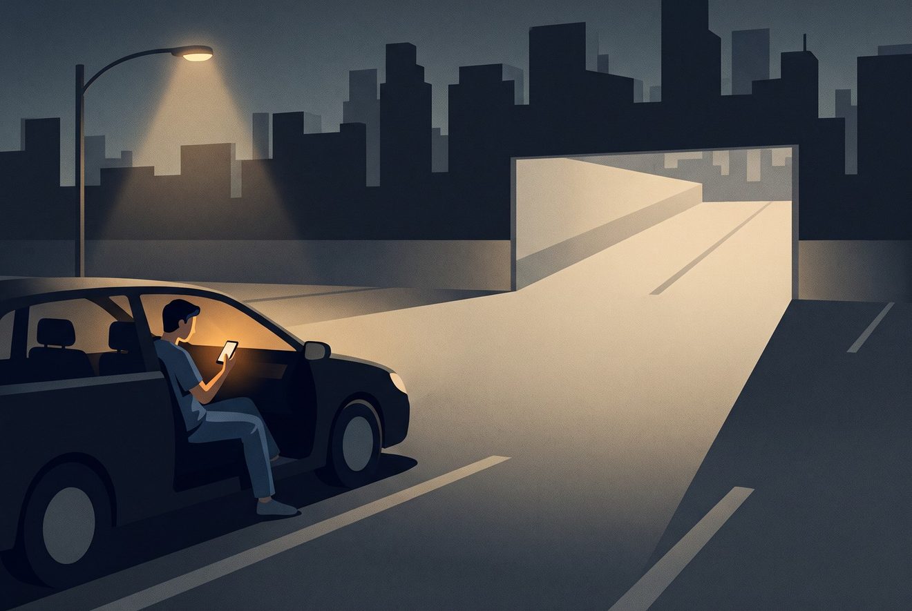 A hospital car park at night: a clinician still in scrubs sits in a parked car with a lit phone in their hand, looking at it.