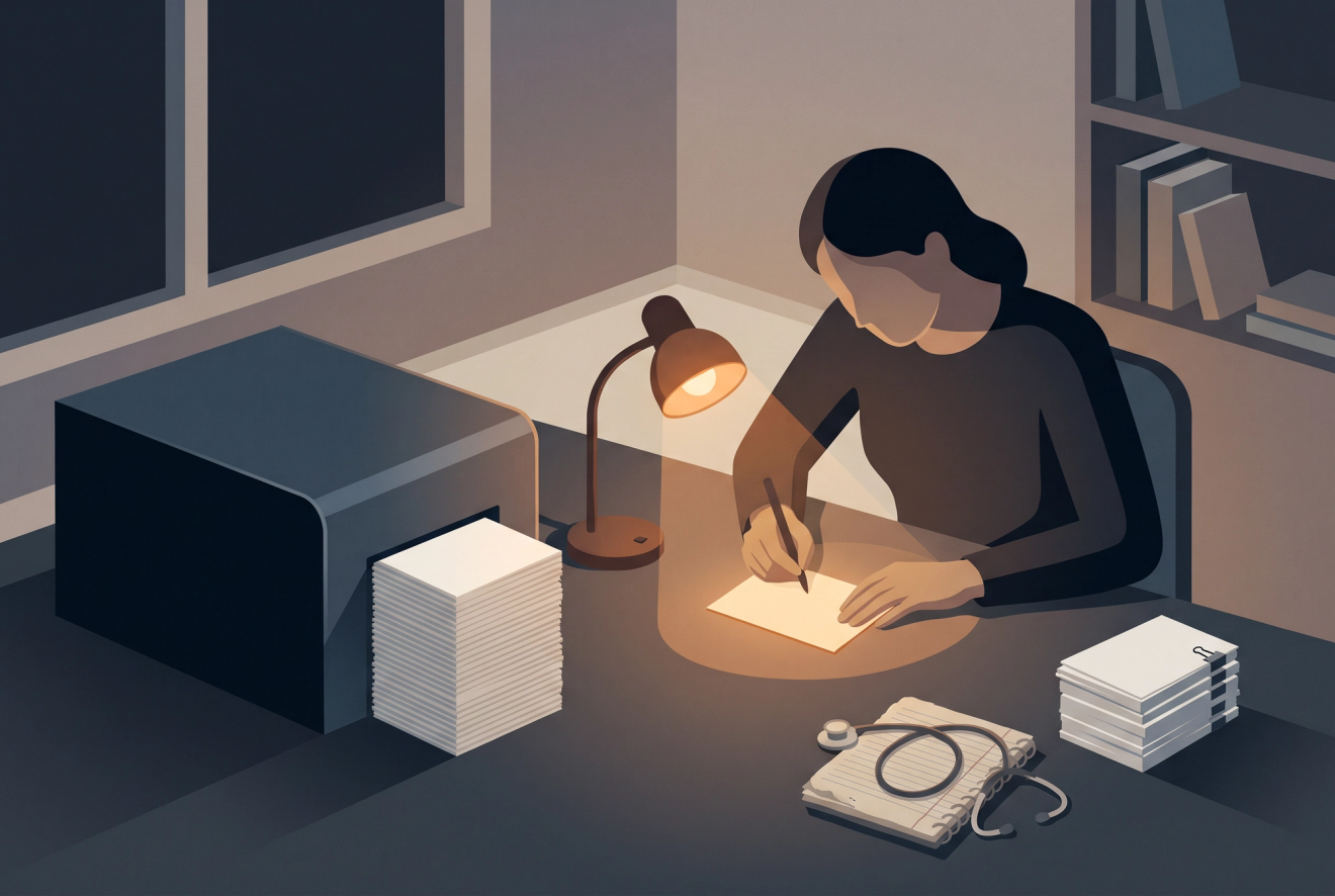 A nurse practitioner's desk at night: a small machine has delivered a tall stack of blank slide cards, a bound deck sits finished to one side, and under the lamp she writes on one card by hand beside a clinical notebook and stethoscope.