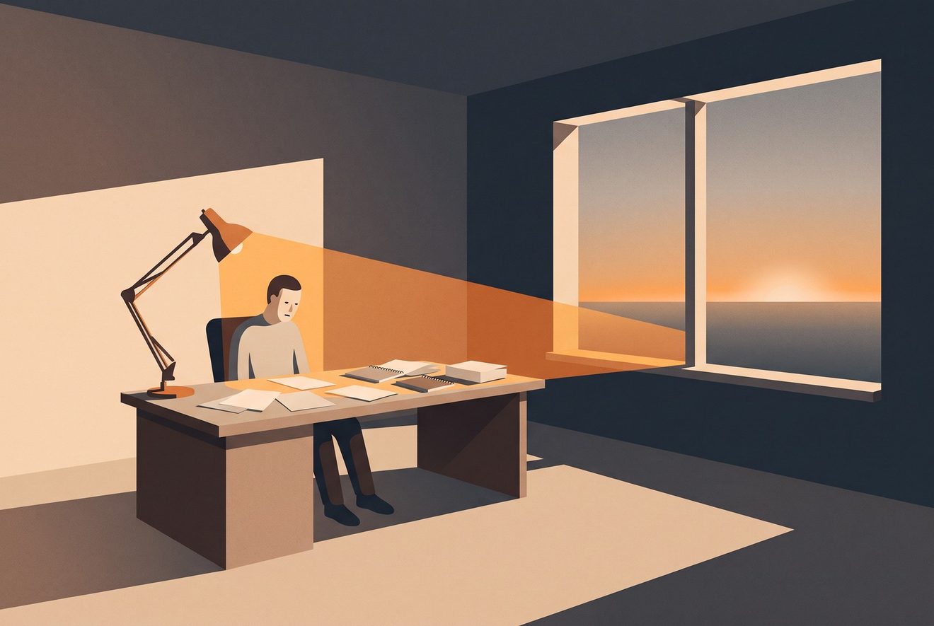 A dim office where a person sits slumped at their desk — but their desk lamp has bent on its stand to point away from the paperwork.