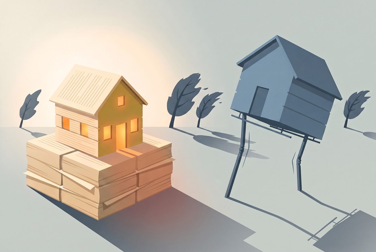 Two small houses in weather: one stands firm on a deep foundation built of stacked published pages; the other, flashier, leans on thin billboard props.