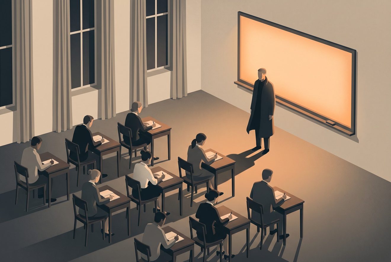 A schoolroom after hours; the chalkboard is a glowing screen and the small desks are filled with adult professionals taking notes.