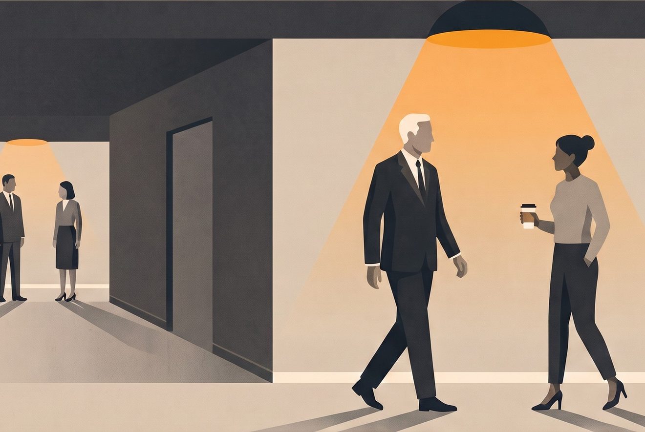 A workplace corridor where a colleague has stopped someone mid-stride with a hand on the doorframe, asking something.
