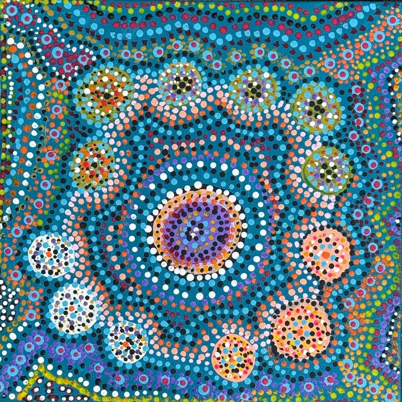Collecting Bush Seeds by Barbara Cox, acrylic on canvas by Gooniyandi Artists, available at Straddievarious Brisbane art gallery