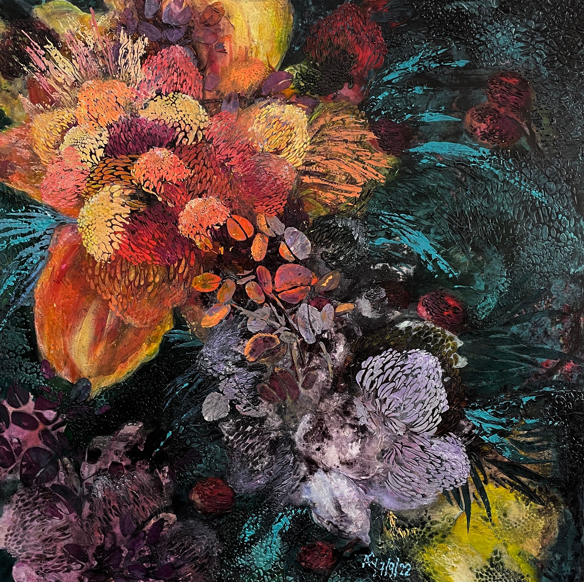 Flowerworks, acrylic on canvas unframed by A'ysha, available at Straddievarious Brisbane art gallery