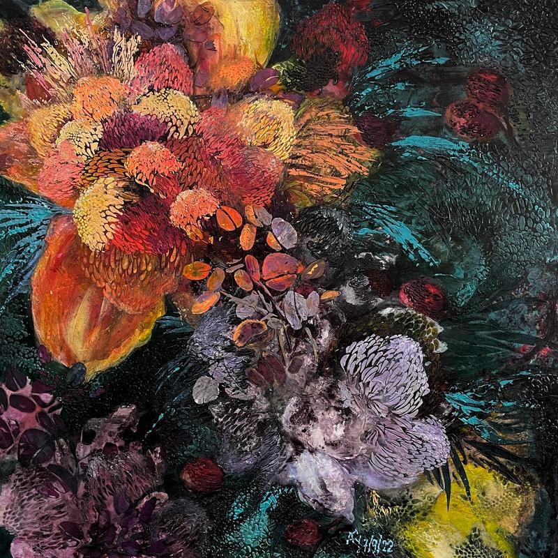 Flowerworks, acrylic on canvas unframed by A'ysha, available at Straddievarious Brisbane art gallery