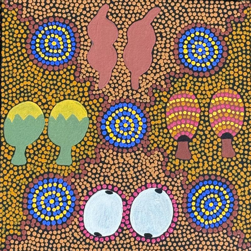 Bush Tucker (Manyi) by Cynthia Cox, acrylic on canvas by Gooniyandi Artists, available at Straddievarious Brisbane art gallery