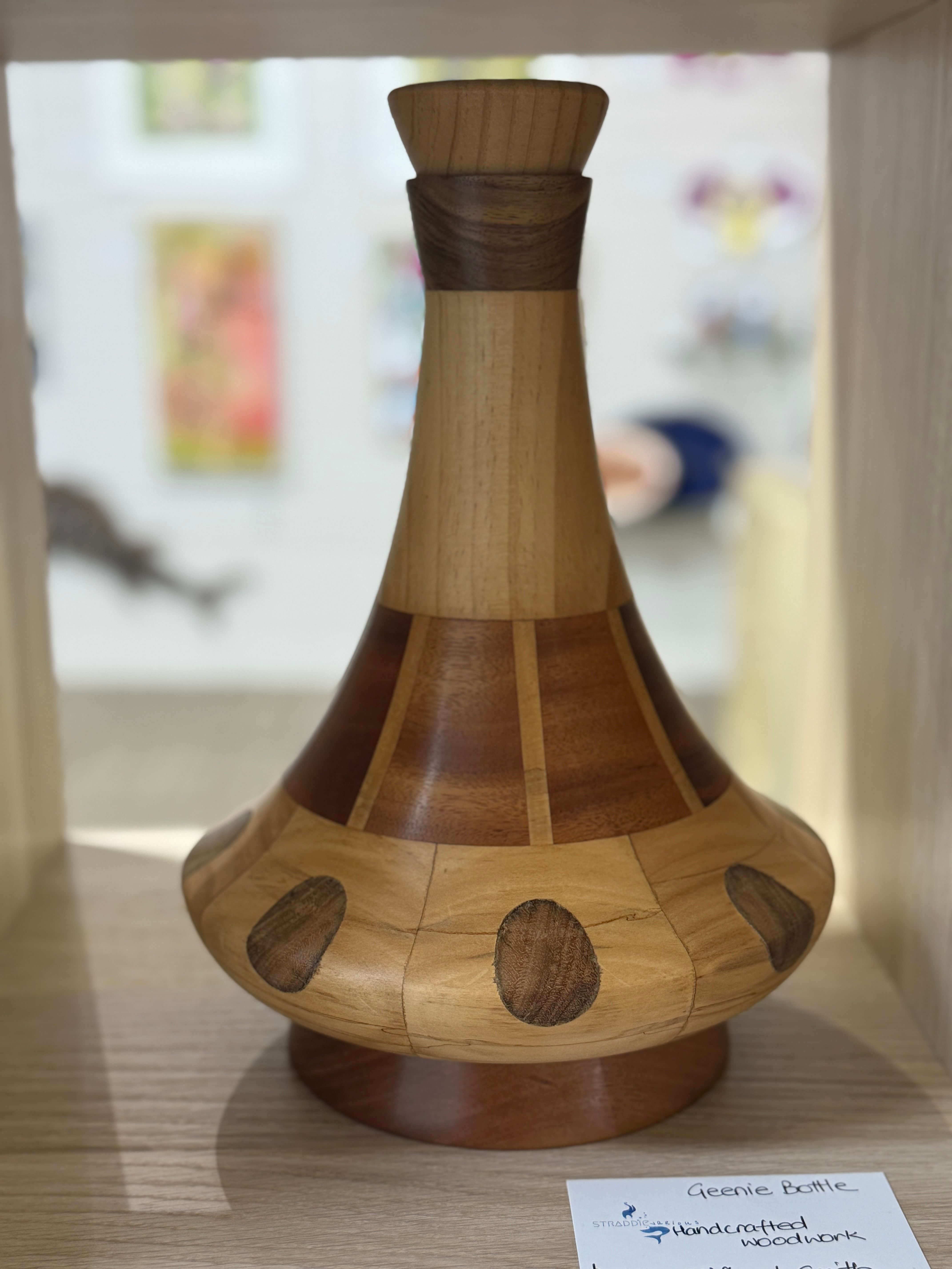 Genie Bottle, handcrafted in recycled timbers by Clifford Smith, available at Straddievarious Brisbane art gallery