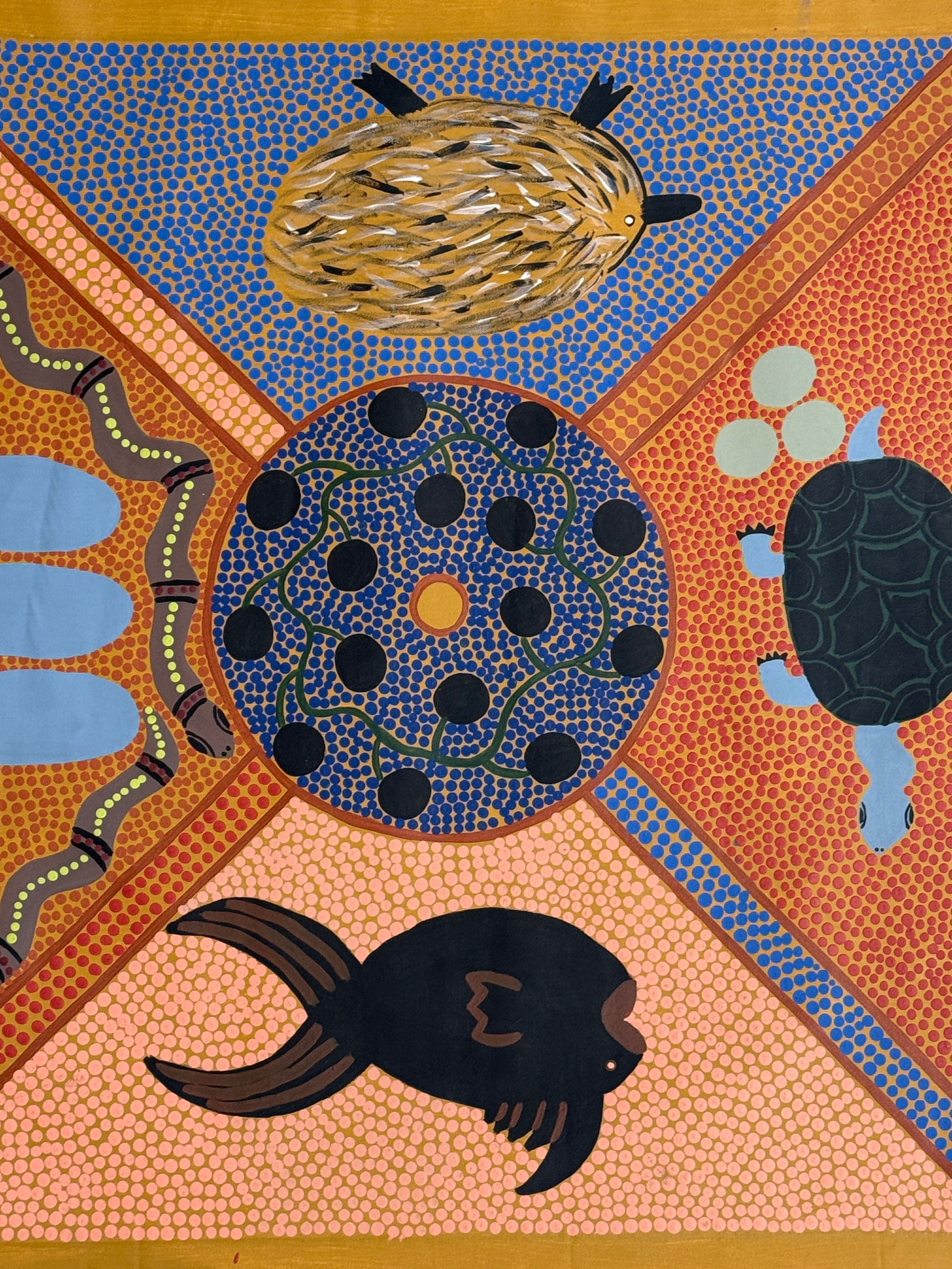 Bush Meat by Louise Cox, acrylic on canvas by Gooniyandi Artists, available at Straddievarious Brisbane art gallery