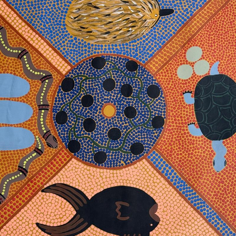 Bush Meat by Louise Cox, acrylic on canvas by Gooniyandi Artists, available at Straddievarious Brisbane art gallery