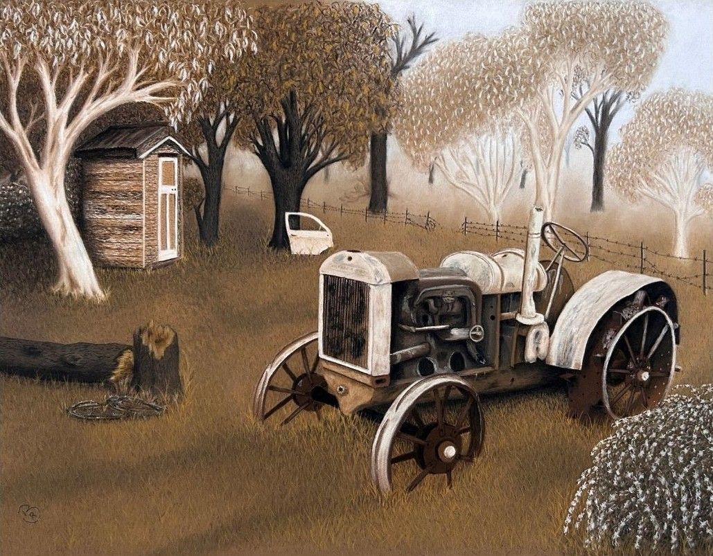 Life On The Farm, soft pastels & pastel pencils on paper by Bronwen Russell, available at Straddievarious Brisbane art gallery