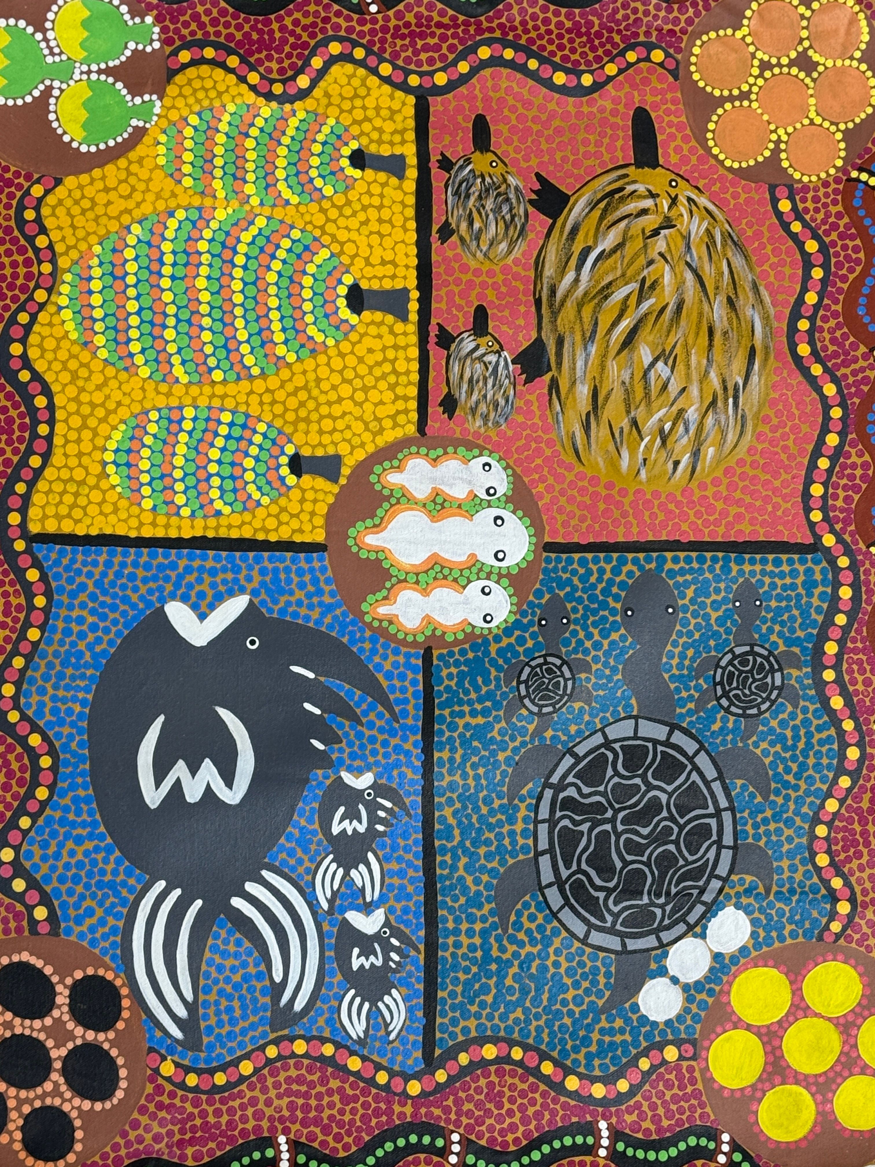 Bush Animals and Bush Tucker by Louise Cox by Gooniyandi Artists, available at Straddievarious Brisbane art gallery