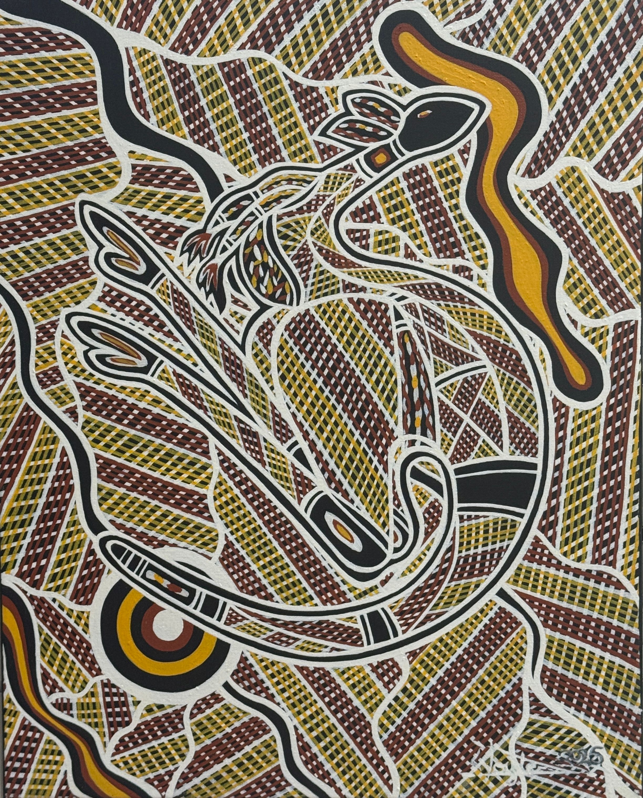 Boondah (Kangaroo in Traditional Cross Hatching), acrylic on canvas by Lionel Doyle, available at Straddievarious Brisbane art gallery