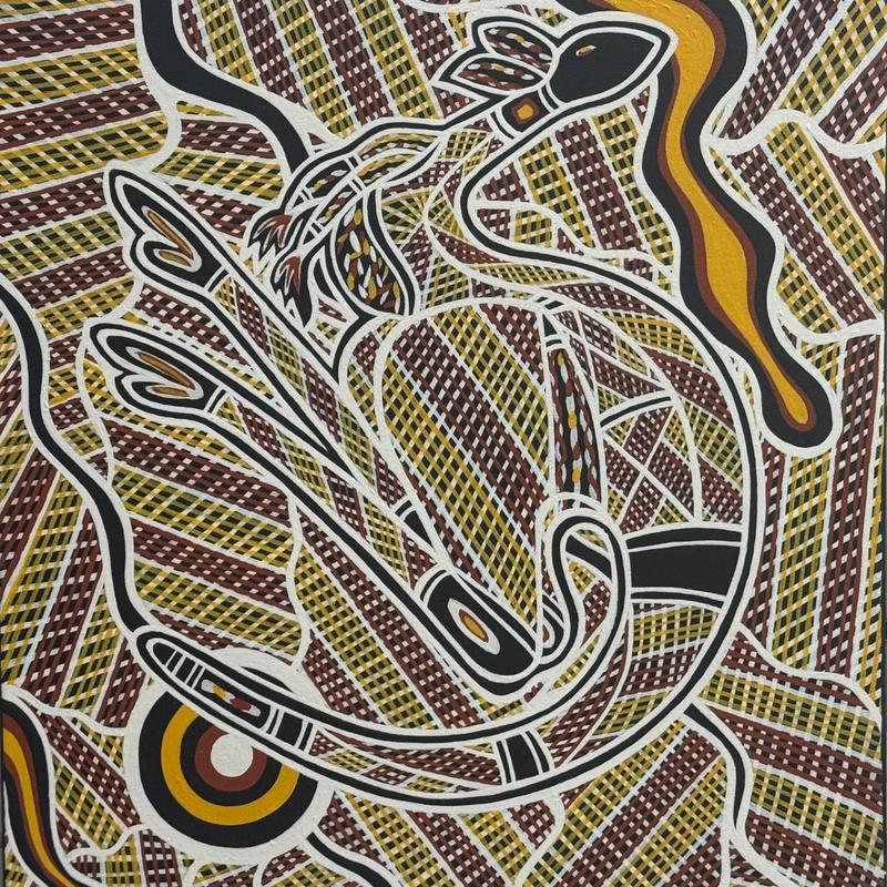 Boondah (Kangaroo in Traditional Cross Hatching), acrylic on canvas by Lionel Doyle, available at Straddievarious Brisbane art gallery