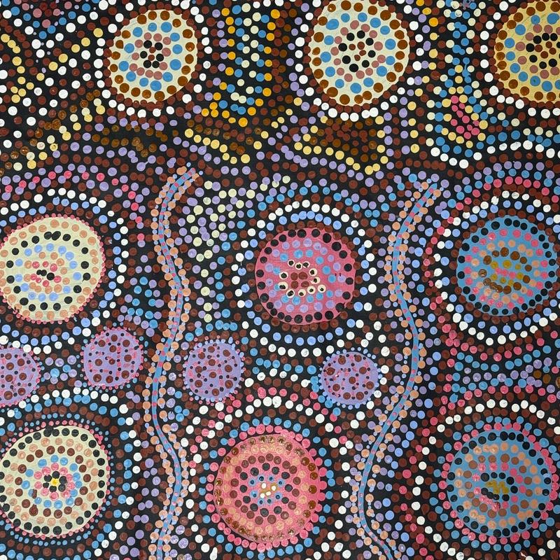 Billabong by Barbara Cox, acrylic on canvas by Gooniyandi Artists, available at Straddievarious Brisbane art gallery