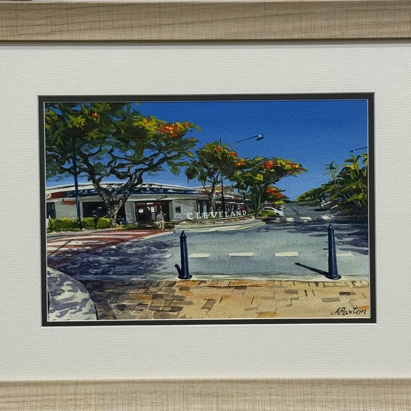 Westpac Corner - Originally Despots, watercolour & gauche mediums - framed under glass by Angela Paxton Art, available at Straddievarious Brisbane art gallery