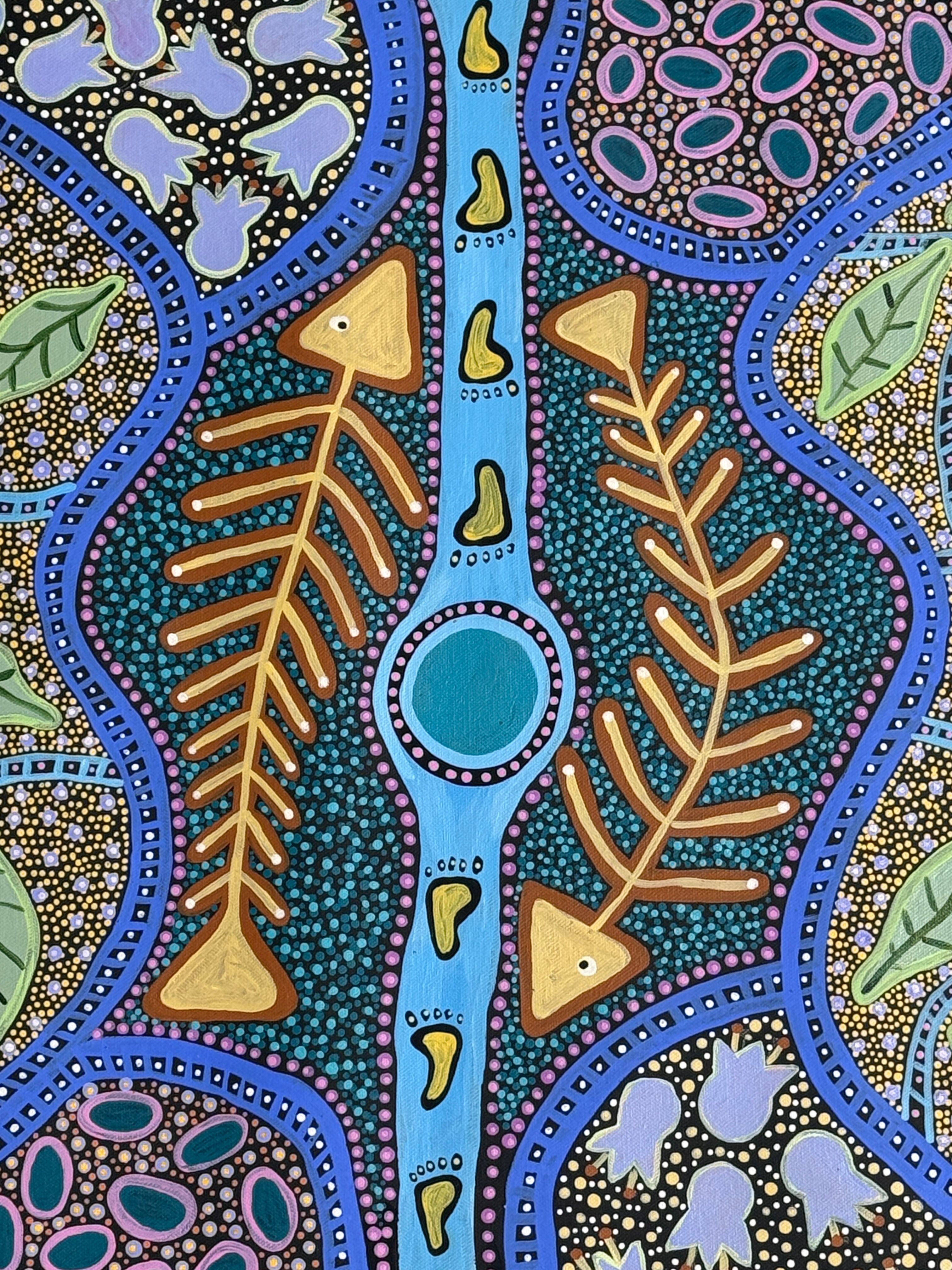 Time For Fishing by Halimah Cox, acrylic on canvas by Gooniyandi Artists, available at Straddievarious Brisbane art gallery