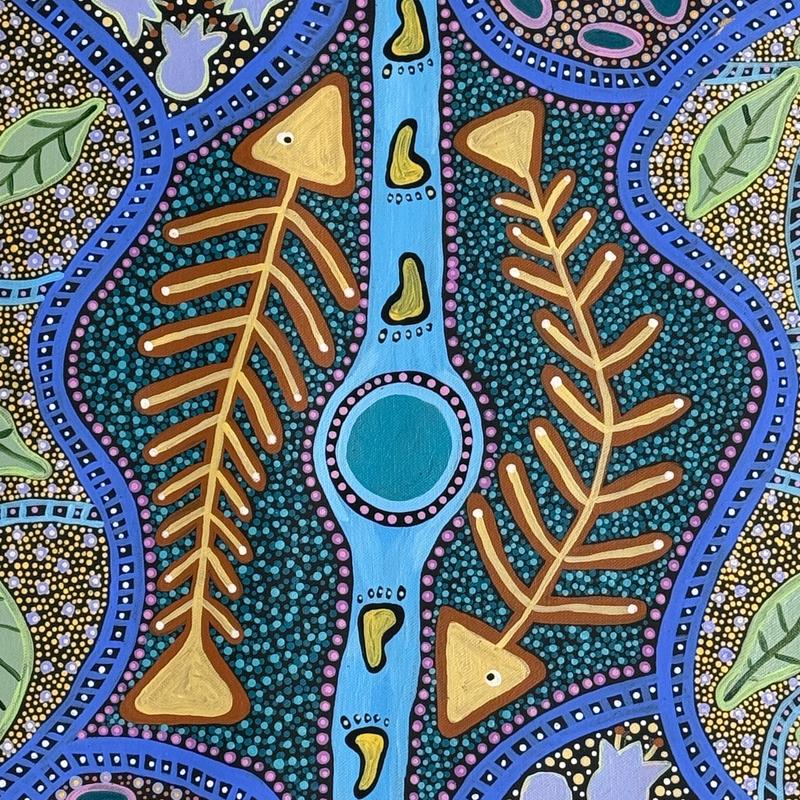 Time For Fishing by Halimah Cox, acrylic on canvas by Gooniyandi Artists, available at Straddievarious Brisbane art gallery