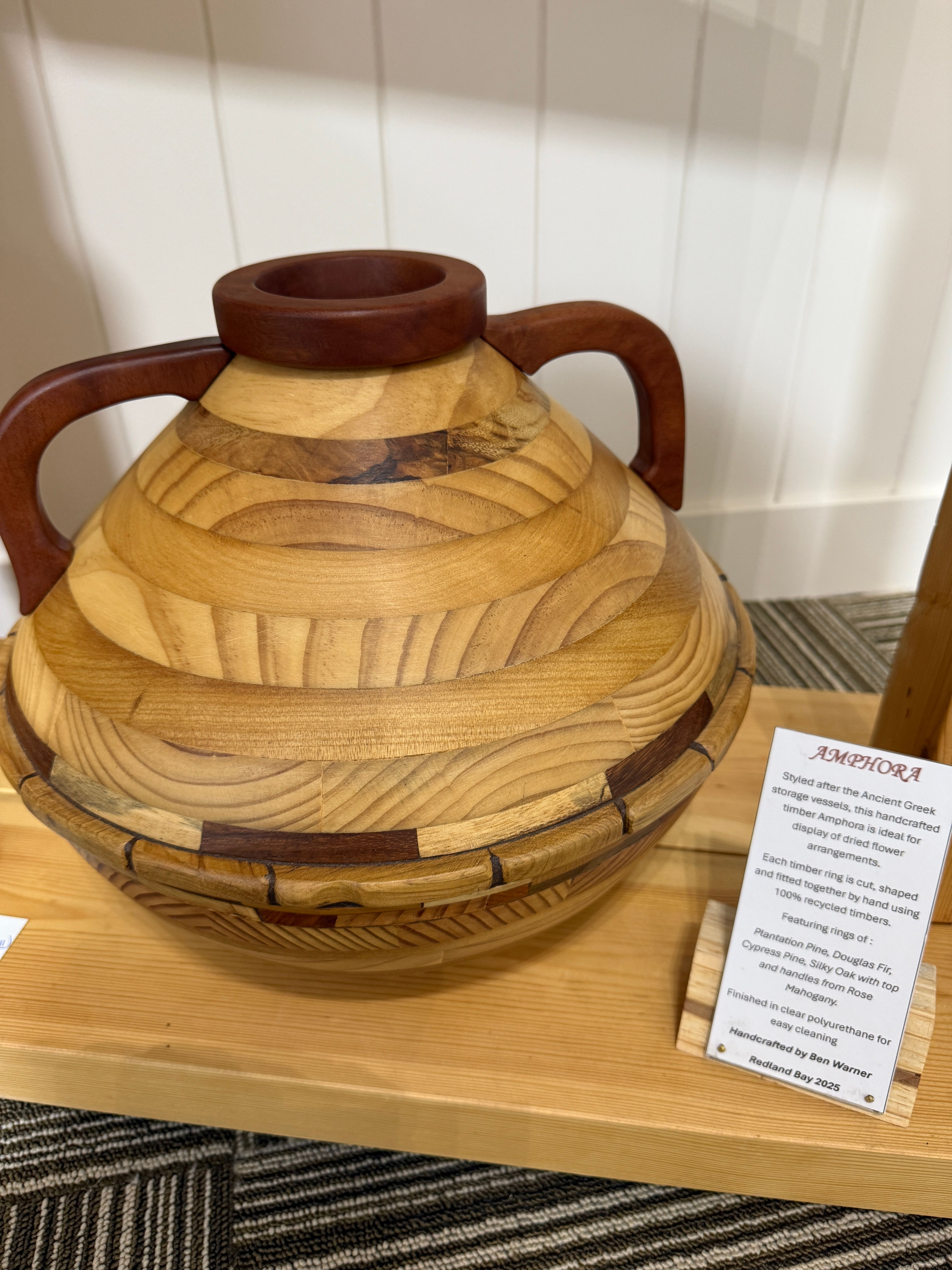 Amphora (Grecian Vase), handcrafted in recycled timbers by Ben Warner, available at Straddievarious Brisbane art gallery