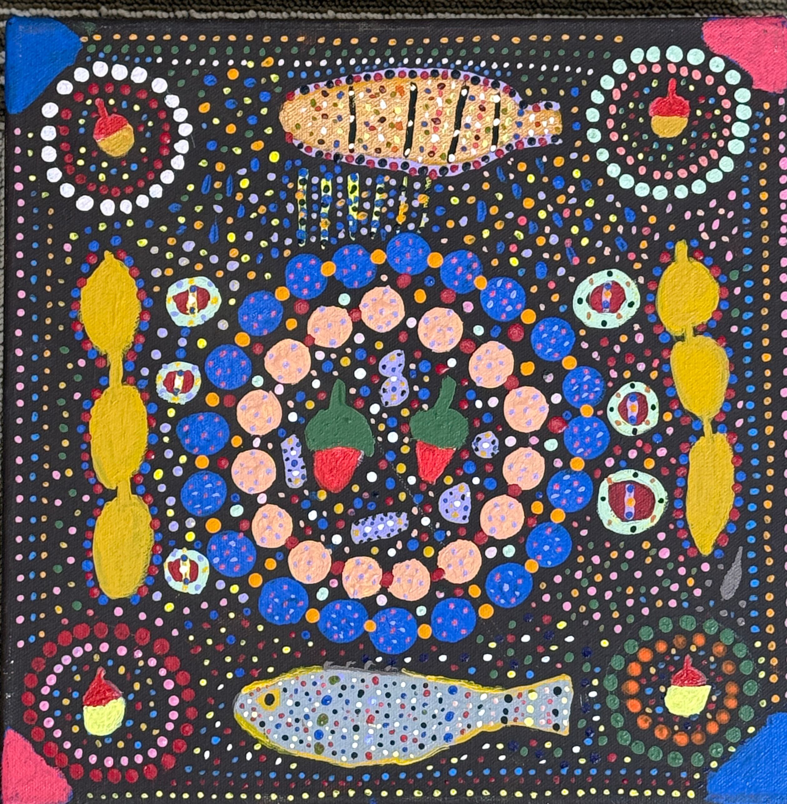 Bush Seeds by Susan Campbell, acrylic on canvas by Gooniyandi Artists, available at Straddievarious Brisbane art gallery