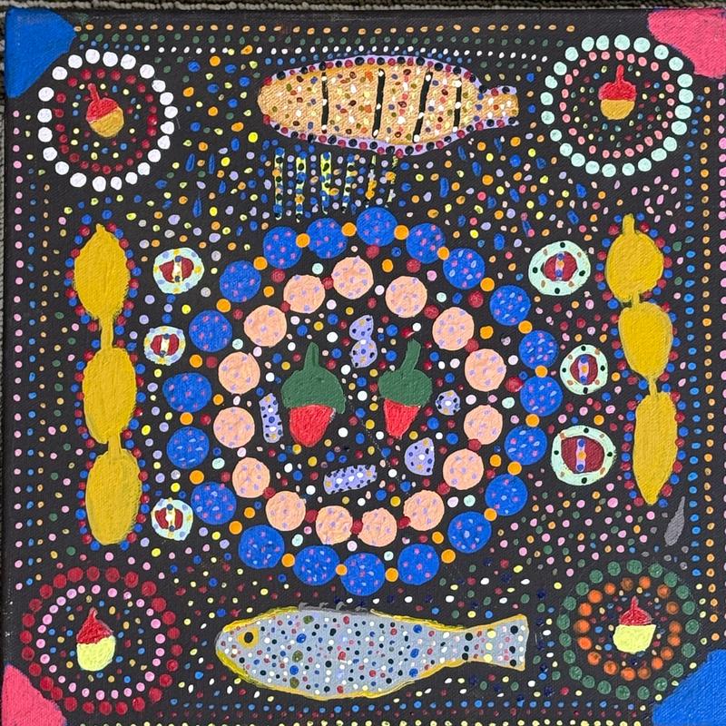 Bush Seeds by Susan Campbell, acrylic on canvas by Gooniyandi Artists, available at Straddievarious Brisbane art gallery