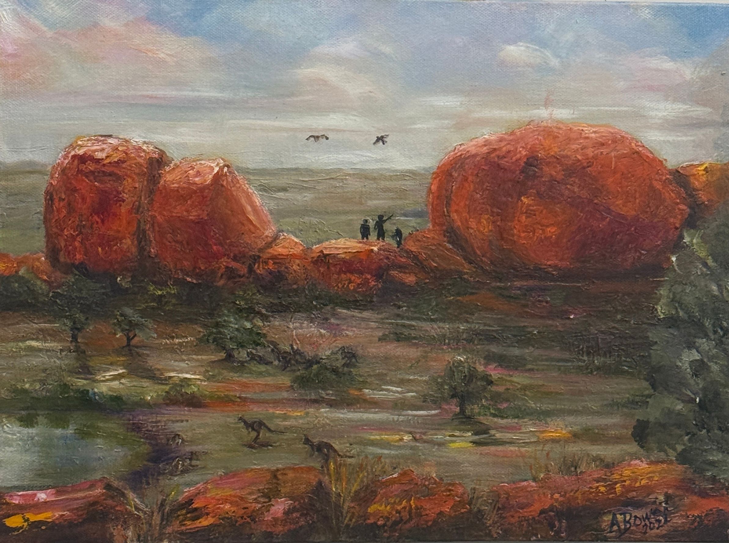 Devils Marbles NT, acrylic on canvas by Anne Bowen, available at Straddievarious Brisbane art gallery