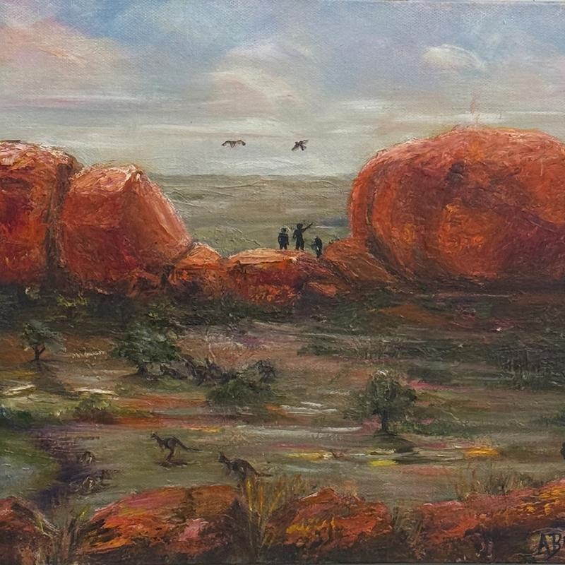 Devils Marbles NT, acrylic on canvas by Anne Bowen, available at Straddievarious Brisbane art gallery