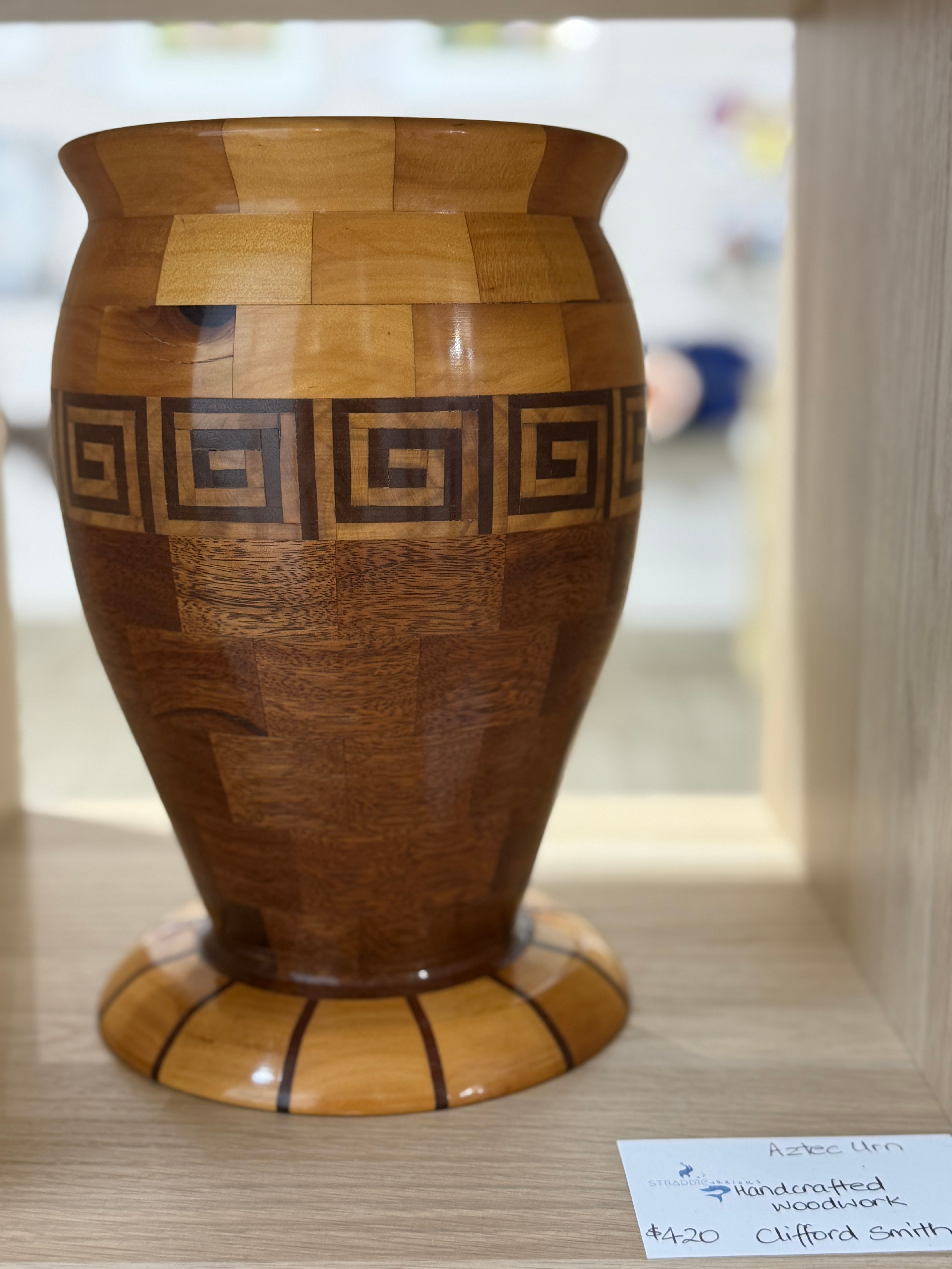 Aztec Urn, handcrafted in recycled timbers by Clifford Smith, available at Straddievarious Brisbane art gallery