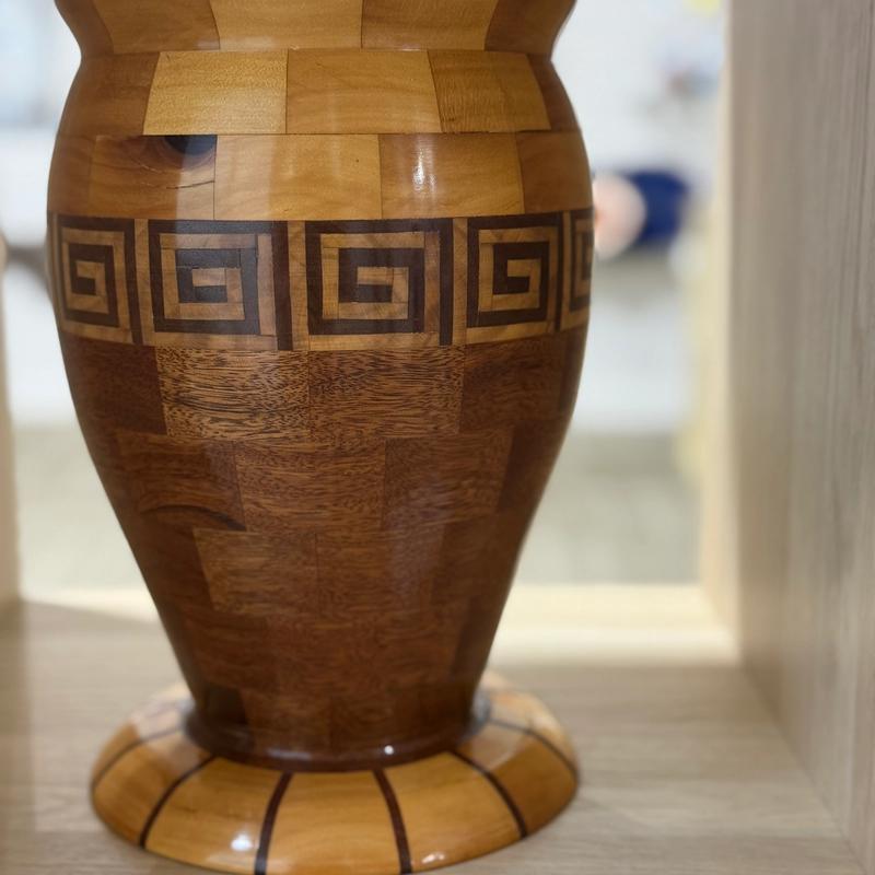 Aztec Urn, handcrafted in recycled timbers by Clifford Smith, available at Straddievarious Brisbane art gallery