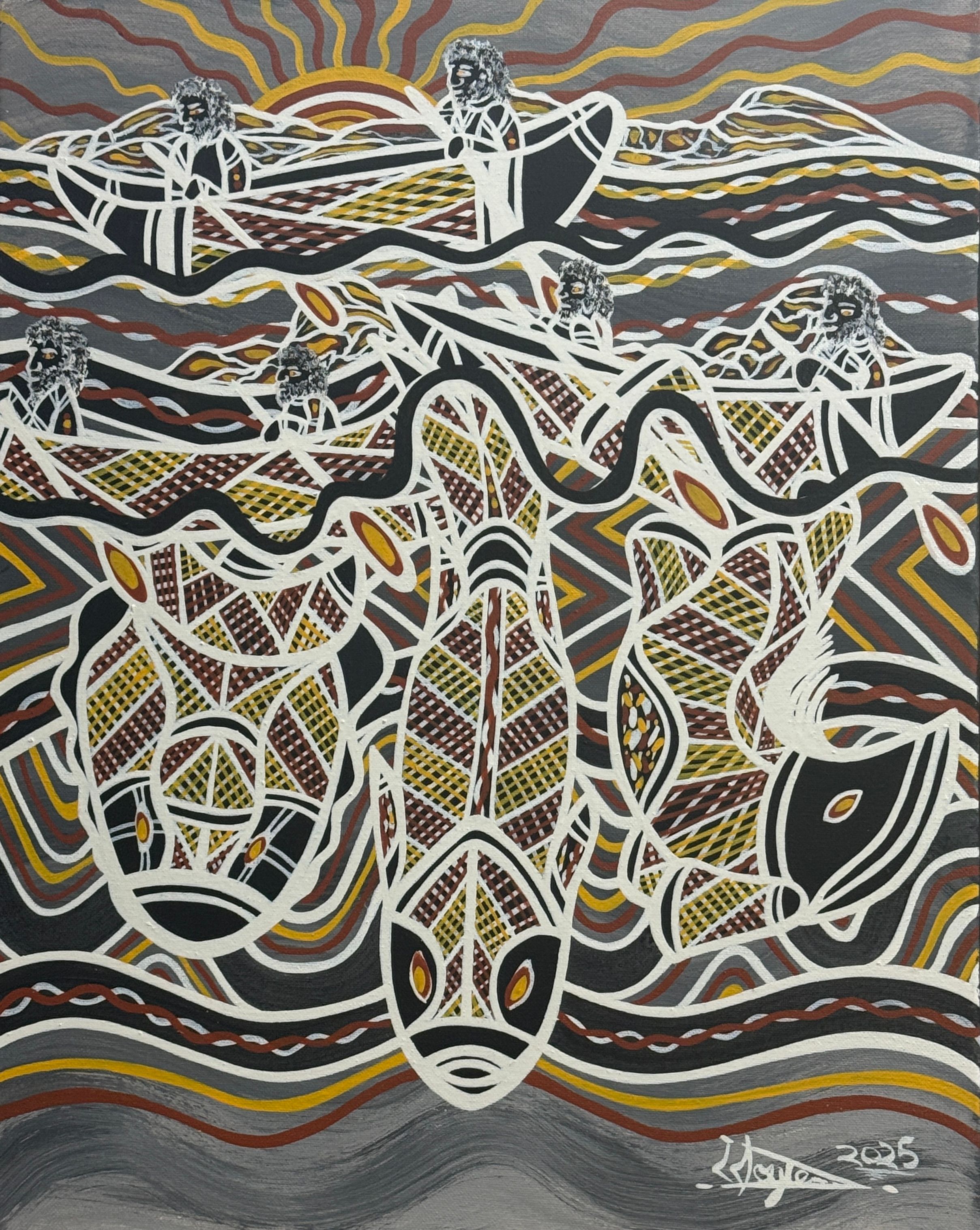 Fishing On The Coast, acrylic on canvas by Lionel Doyle, available at Straddievarious Brisbane art gallery
